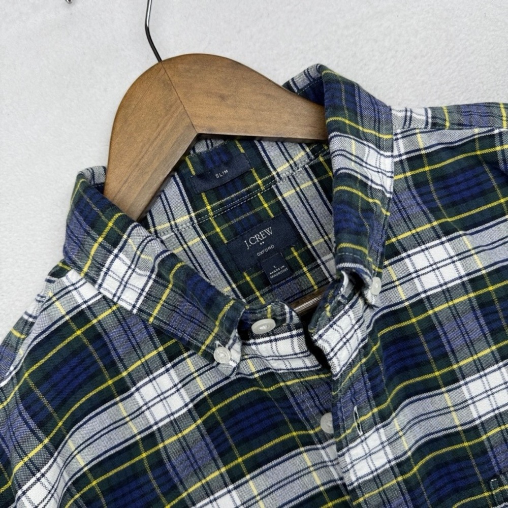 J.Crew Button Down Shirt Mens Large Blue Green Oxford OCBD Plaid Check Tartan